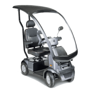 A black, four-wheeled mobility scooter with a protective roof and an adjustable padded seat. The scooter has handlebars for steering, a control panel on the front, and a transparent windshield providing weather protection.