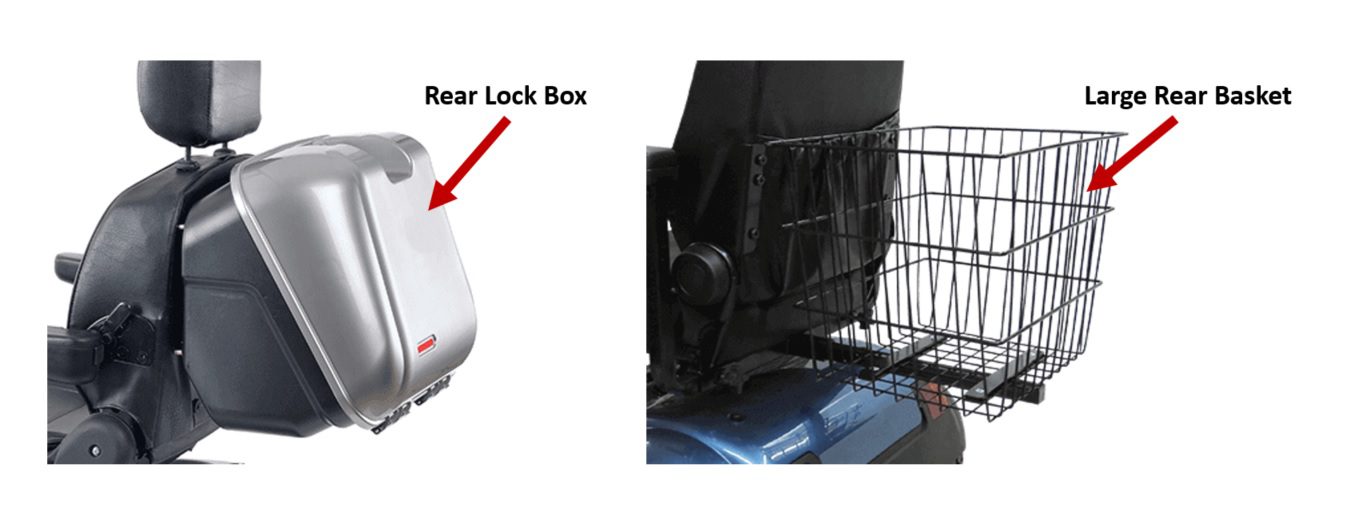 Afiscooter rear lock box (left) and large rear basket (right)