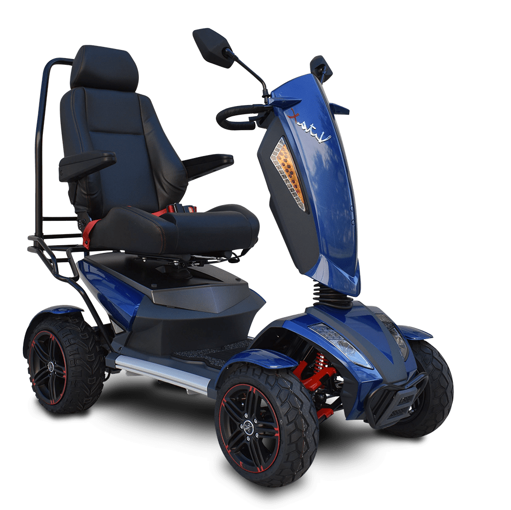 A blue four-wheel mobility scooter with an elevated, padded seat and backrest. It includes armrests, large tires for rough terrain, and a control panel with mirrors on the handlebars. The scooter is designed for enhanced comfort and outdoor use.