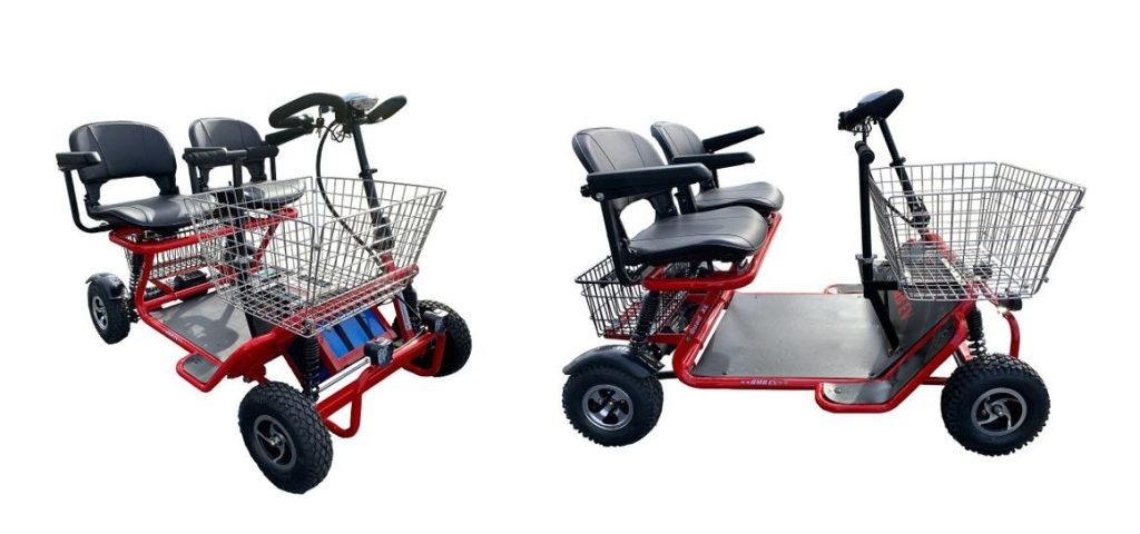 Semi side view and full side view picture of the RMB E-Quad XL Dual mobility scooter.