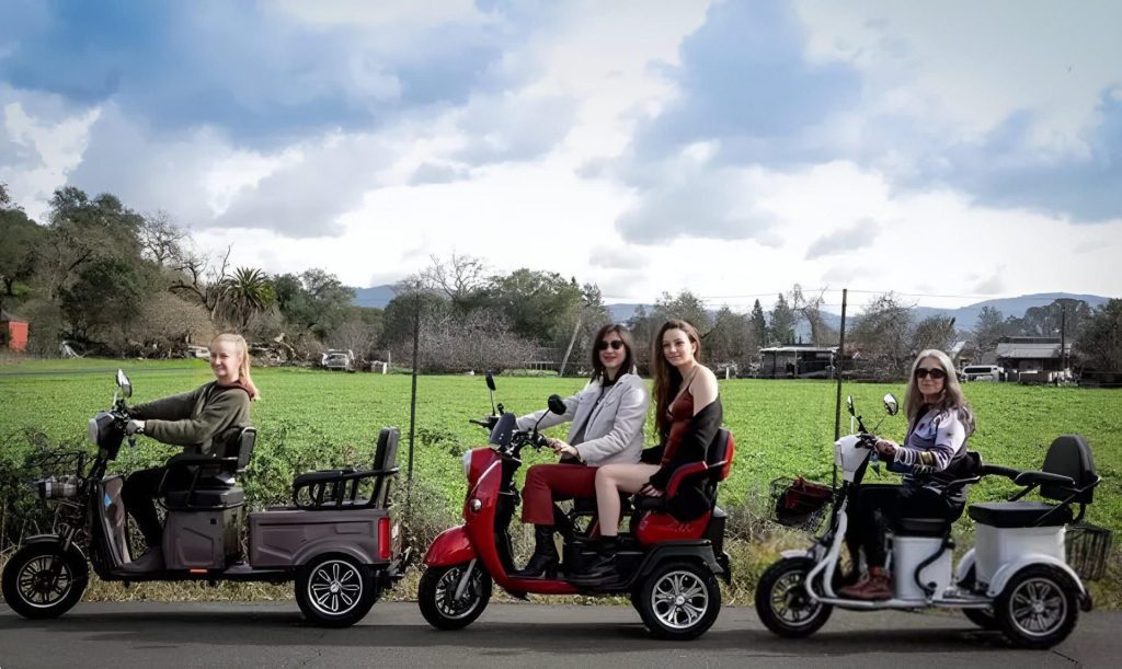 Two seaters and multiple seater mobility scooters live image.