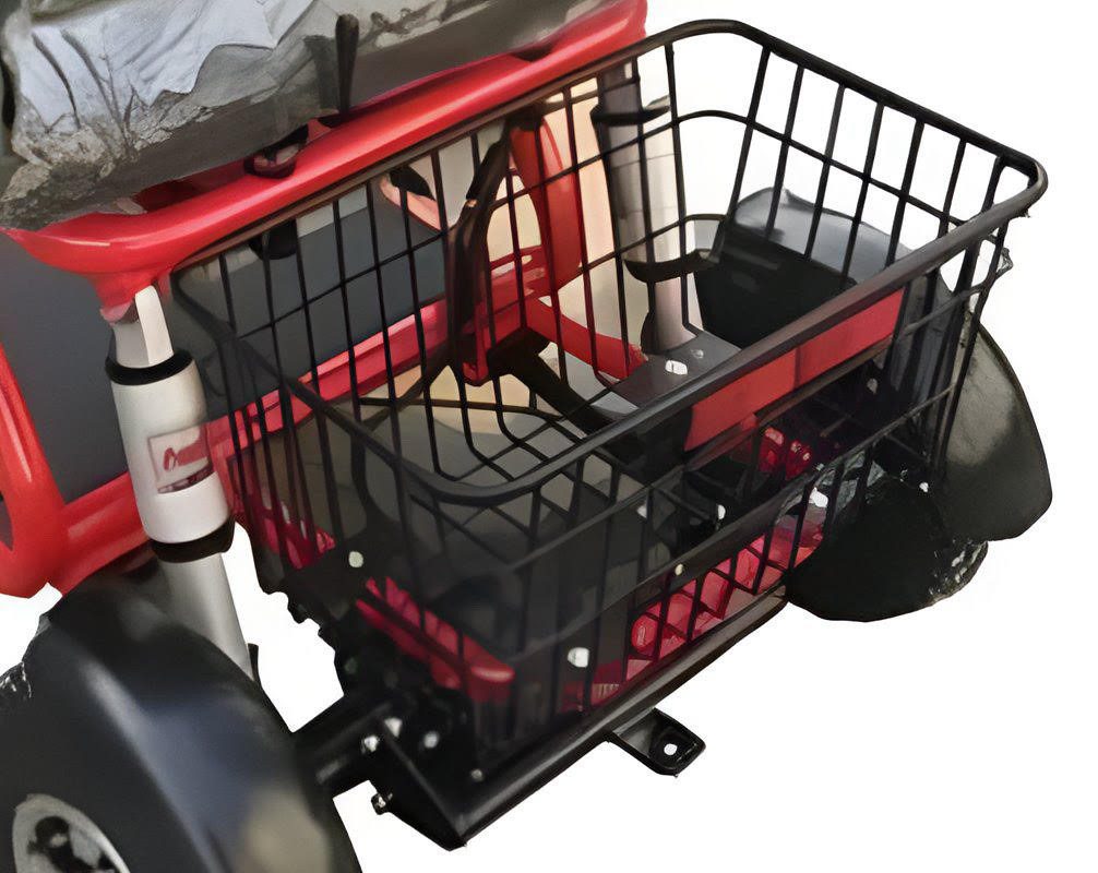 Close-up of the rear basket on the RMB E-Quad XL Dual mobility scooter.