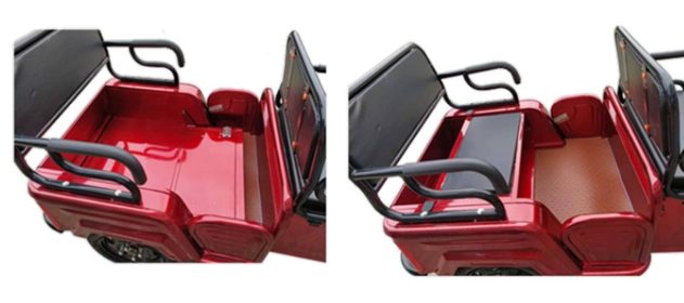 Close-up of the storage compartment on the Pushpak 6000 mobility scooter.