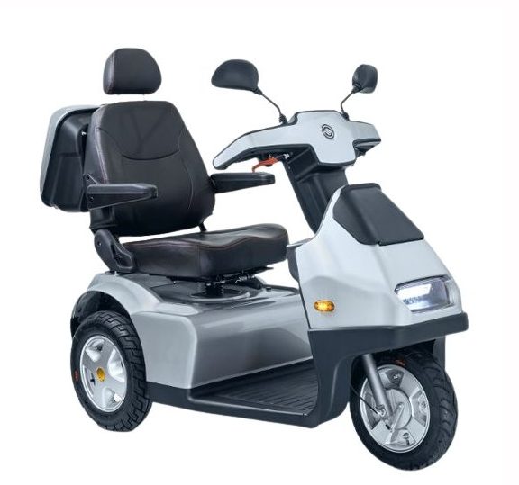 Modern three-wheel mobility scooter with comfortable seating and handlebar controls.