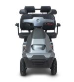 Black mobility scooter front view, mobility aid, electric scooter for elderly, personal transport device.
