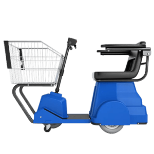 A blue electric shopping cart with an attached metal basket. The cart has a seat with armrests and a tiller for steering, designed to assist individuals with mobility issues while shopping.