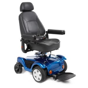 A blue electric mobility scooter with a padded black seat, headrest, and armrests. The scooter features four wheels, a footrest, and a joystick control on the right armrest for steering.