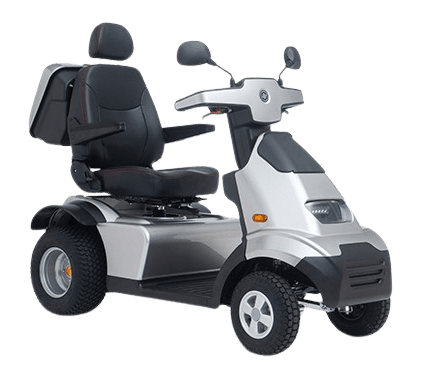 A silver and black mobility scooter featuring a comfortable seat with armrests, a backrest, and a headrest. The scooter has large, rugged tires, handlebars with controls, and a small front storage compartment. The design is modern and functional.