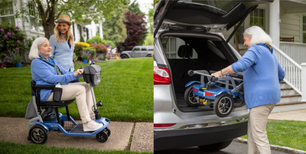 Senior woman enjoying a ride on a blue mobility scooter with a younger woman standing behind her, and the same woman later folding the scooter into the trunk of a car.
