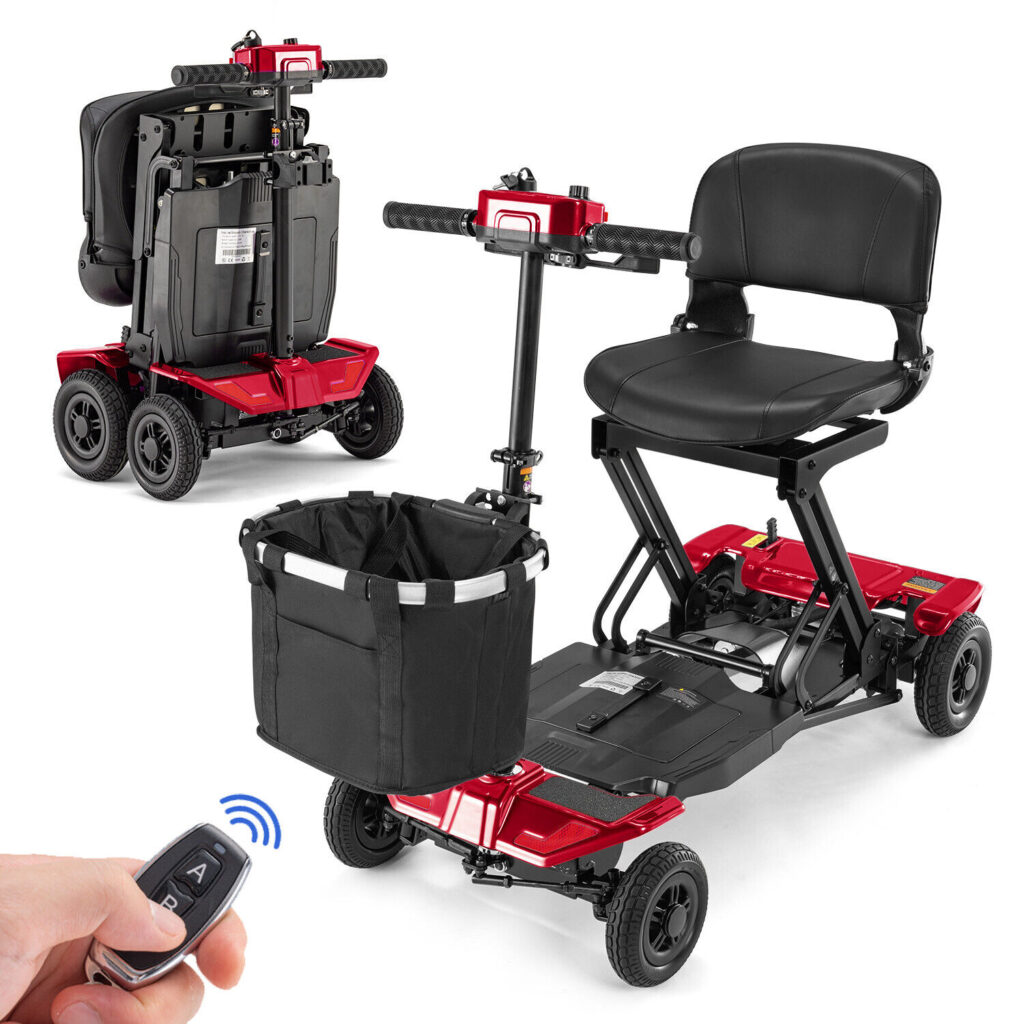A red mobility scooter with a remote control, shown both folded and unfolded, with a front basket.