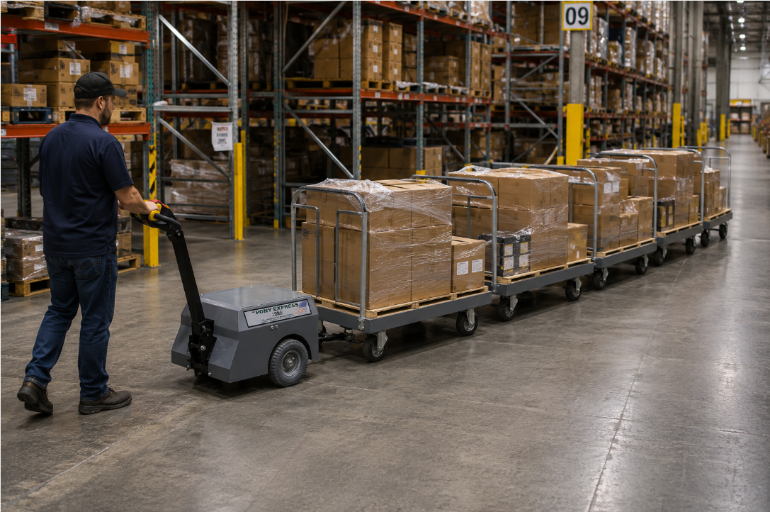 Pony Express 1065 electric tugger moving a cart through a warehouse aisle